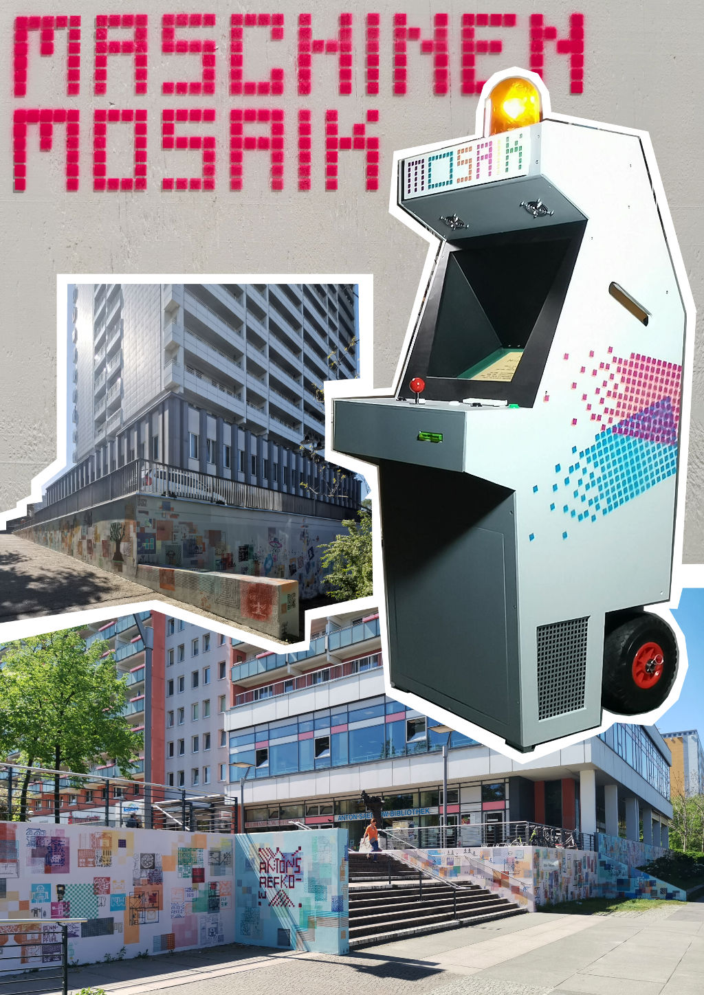 Im Vordergrund ist die Mosaikmaschine zu sehen.
        Sie ist eine Arcade-Machine mit Joystick.
        Mit ihr kann man Mosaike malen.
        Im Hintergrund ist der Anton-Saefkow Platz zu sehen.
        Die Wände sind mit den Mosaiken geschmückt.